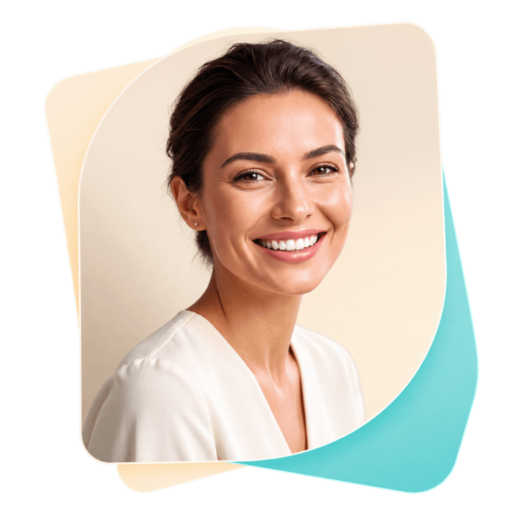 Smiling woman in a layered portrait card, showcasing a confident, healthy smile